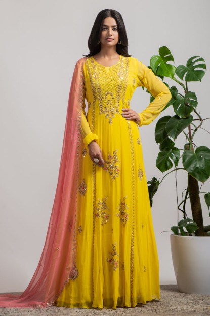 Yellow Anarkali Suit with handwork