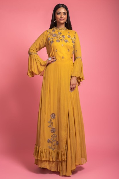 Mustard Yellow Georgette Gown With Bell Sleeves