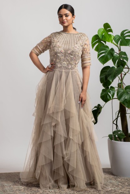 Beige color ruffle Gown 