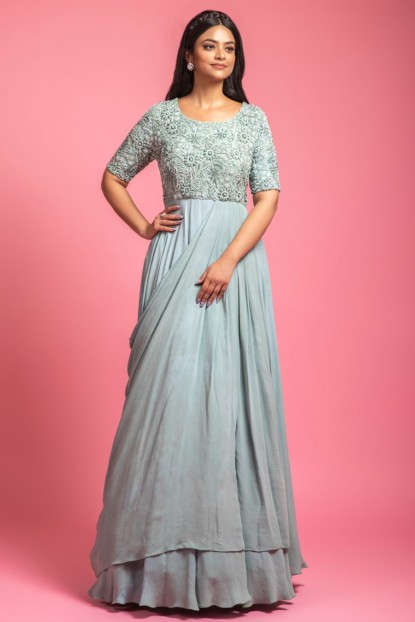 Green Colour Drape Style Gown