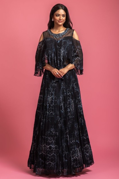 Black Digital Printed Poncho Style Gown