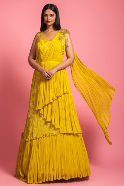 Yellow Colour Drape Style Gown With Hand Work