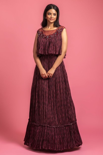 Digital Printed Wine Colour Poncho Style Gown