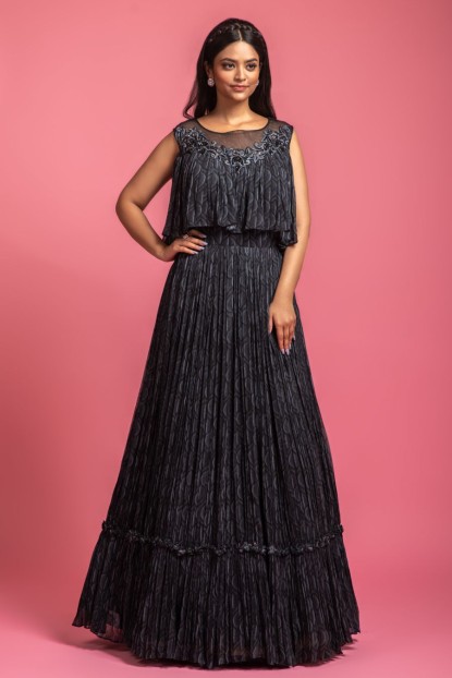 Grey & Black Poncho Style Gown With Digital Print