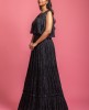 Grey & Black Poncho Style Gown With Digital Print