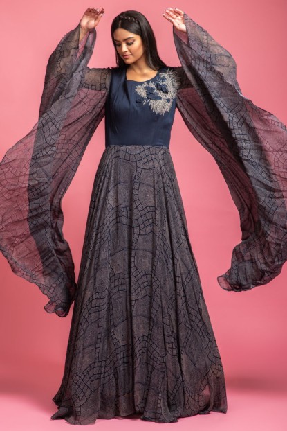 Navy Blue Digital Printed Gown