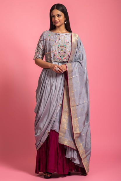 Grey & Wine Dola Silk Gown With Jacket & Banarasi Dupatta