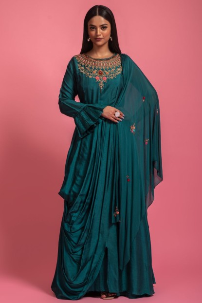 Teal Blue Drape Style Gown With Waist Belt