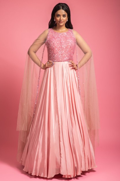 Peach Color Gown With Sequins Work