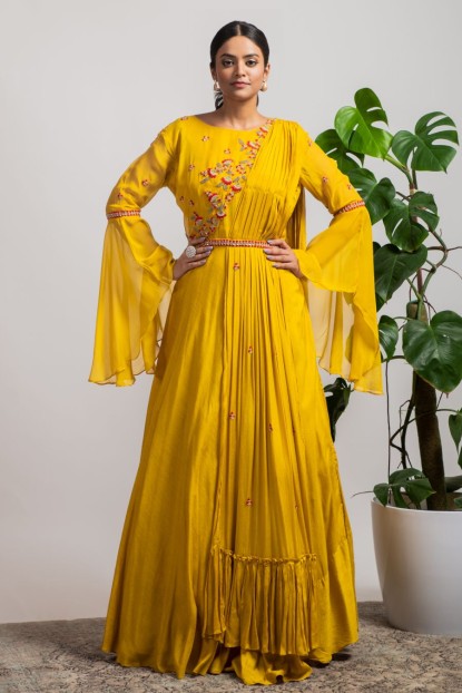 Mustard Drape style Gown with handwork