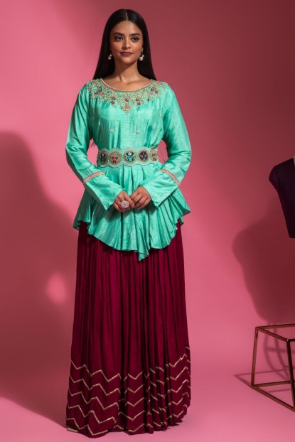 Green & Wine Kediya Style Indo Western Dress