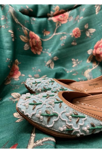 Sea Blue Moti work Jutti in Pure Leather