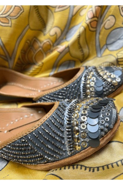 Dark Grey hand work Jutti in Pure Leather