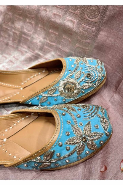 Light Blue color Zardosi work Pure Leather Jutti