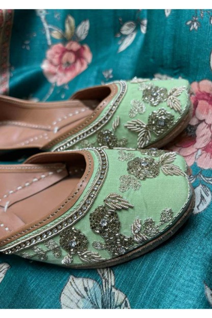 Pista Green color Zardosi work Pure Leather Jutti