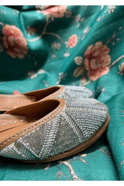 Grey color Nali & Bead work Pure Leather Jutti