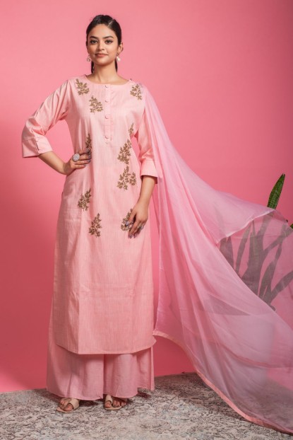   Pure Cotton Baby Pink Kurta and Pant with Dupatta