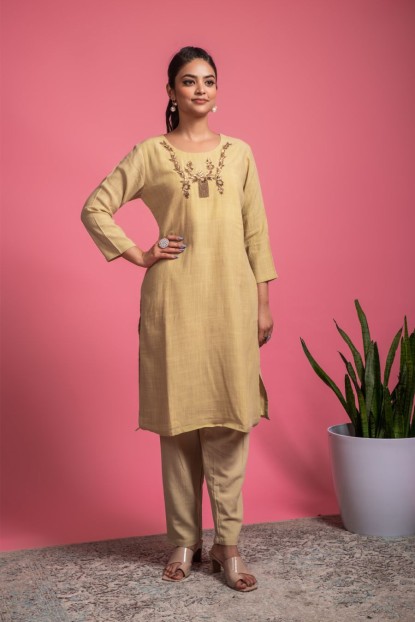 Soft Cotton Kurta & Pants in Light Goldenrod color