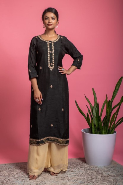 Dark Brown simple Kurti & Pant with Gotta Patti work
