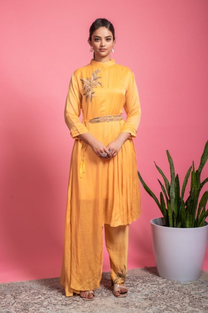 Up & Down stylish Yellow color Kurti & Pants with an embellished Belt