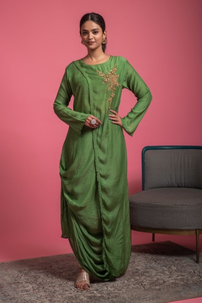 Drape style Long Kurti in Green Color