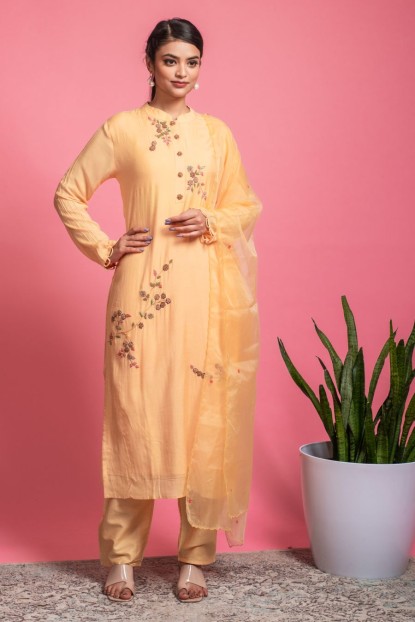 Pure Dola Silk Kurti & Pants in Yellow color