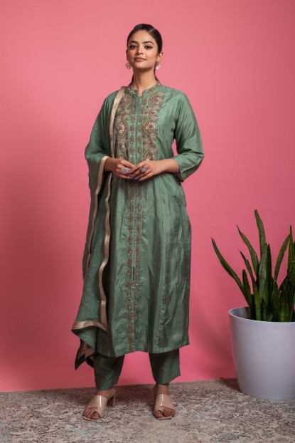 Green color Heavy work Dola Silk kurta with matching pants