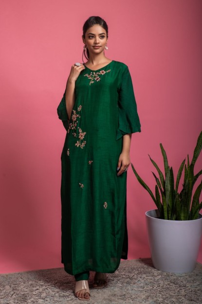 Simple Dola Silk Kurta with Pants in Dark Green color