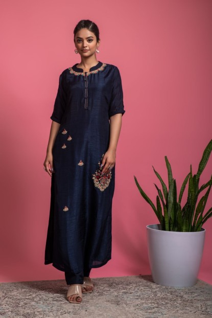 Navy Blue Kurta & Pant in Dola Silk