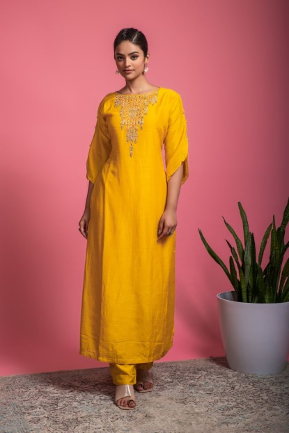 Yellow Kurta & Pant in Dola Silk