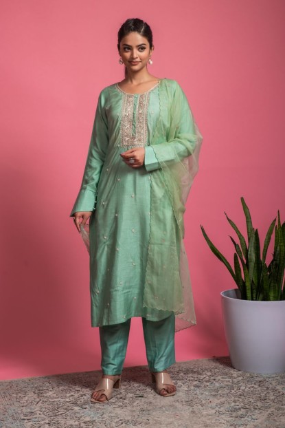 Pista Green Hand work kurta with Pants in Dola Silk & Organza Dupatta