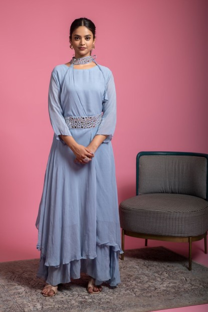 Stylish Baby Blue Georgette Kurti with a Waistbelt