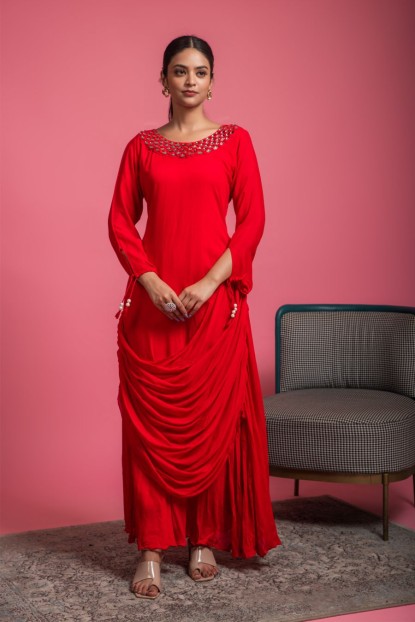 Drape style Red Kurti with Pants