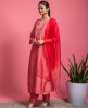 Ultra Red color Kurti & Pants with Organza Dupatta