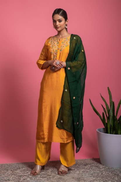 Yellow machine work Kurta with matching pant and Green Dupatta