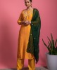 Yellow machine work Kurta with matching pant and Green Dupatta
