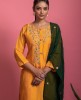 Yellow machine work Kurta with matching pant and Green Dupatta