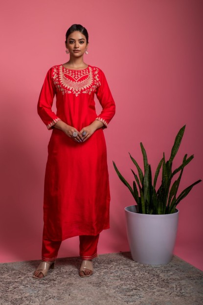   Red Kurta & Pants with Gota Patti work in Dola Silk.