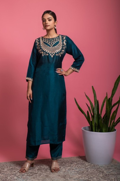 Peacock Blue Kurta & Pants with Gota Patti work in Dola Silk.