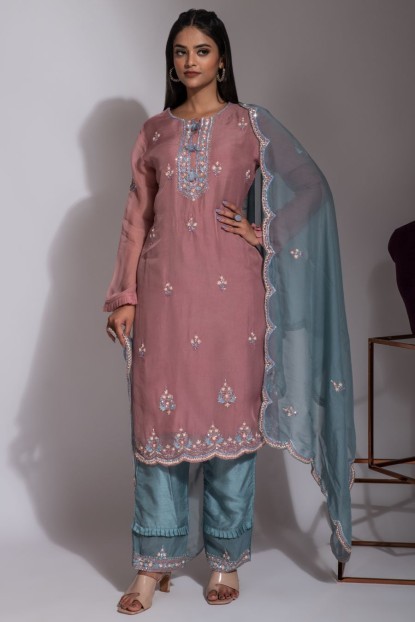 Elegant Kurta & Pant in Puce Pink & Blue color