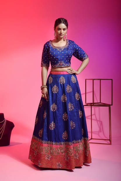 Royal Blue Raw Silk Lehenga Choli With Hand Work