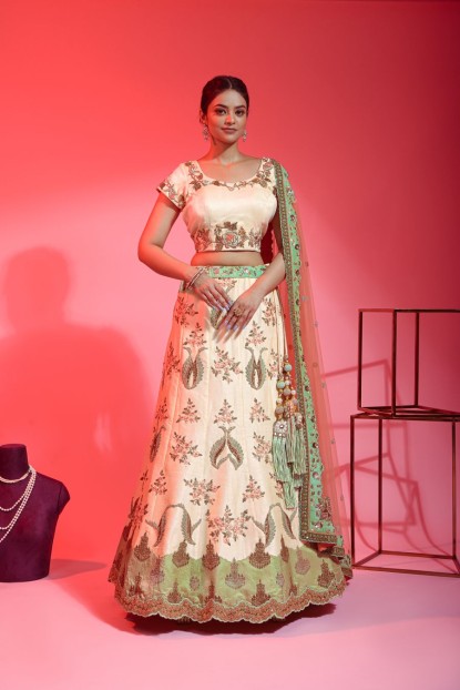 Cream Lehenga Choli In Raw Silk With Hand Work