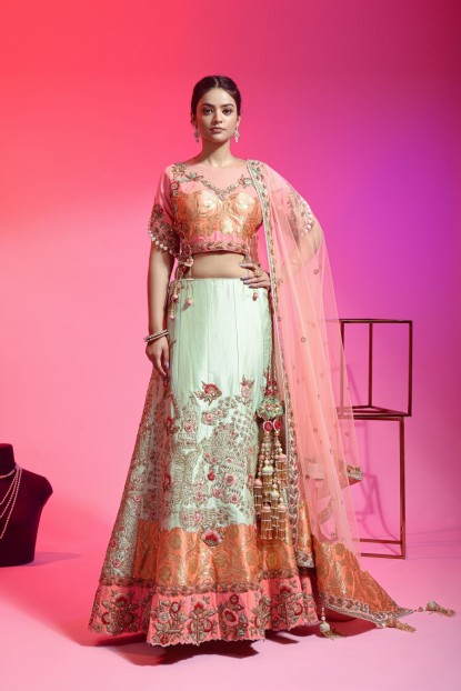 Green Lehenga Choli In Banarasi Silk