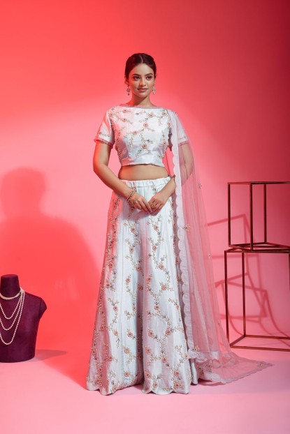 Ice Blue Lehenga Choli With Moti & Thread Work
