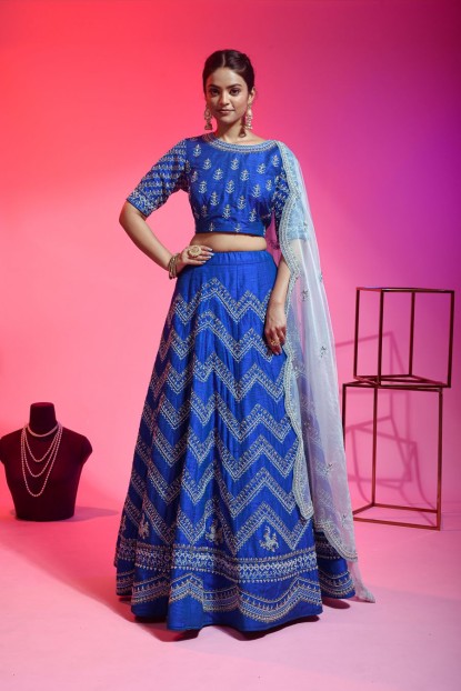 Royal Blue Raw Silk Lehenga Choli With Hand Work