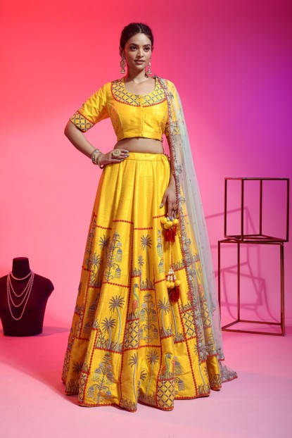 Yellow Raw Silk Lehenga Choli With Hand Work