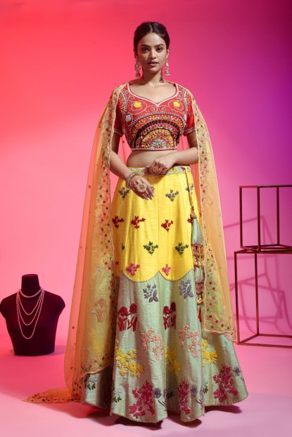 Yellow &  Mint Green Lehenga Choli Set With Hand Work
