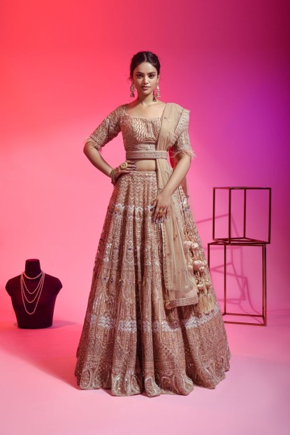 Chiku Color Net Lehenga Choli With Sequins and Moti Work 