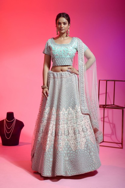 Baby Pink Raw Silk Lehenga Choli With Heavy Moti Work