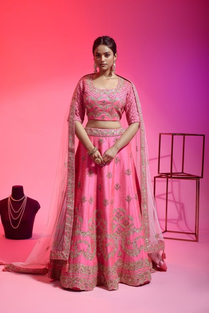 Pink Color Raw Silk Lehenga Choli With Hand Work